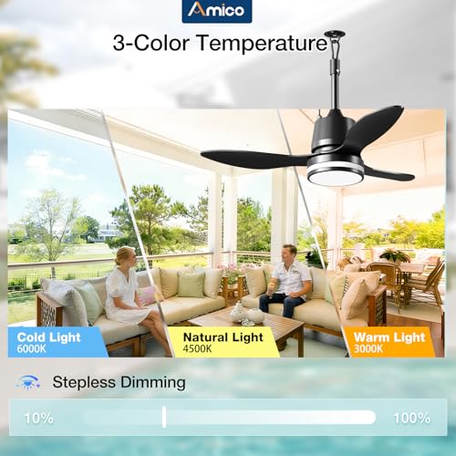 Amico 36" Outdoor Ceiling Fans with Lights, IP65 Waterproof Gazebo Fan | Waterproof, Remote Control, 3000-6000K, 6 Speeds, Hook Hanging Plug in, for Patio Porch Pergola Garage - size: 36 inch Black