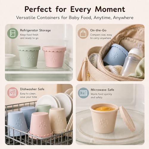 Silicone Baby Food Containers 6 Pack 4oz Baby Food Storage Set, Airtight Leak Proof Baby Feeding Cups, Freezer & Microwave Safe, Stackable Baby Snack Containers, Baby Shower Gift Andy Bear