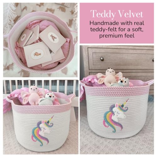 Unicorn Baby Storage Basket, Woven Cotton Rope Nursery Bin, 15x11 in | Stuffed Animal and Blanket Storage, Soft Felt Unicorn Patch, Baby Girl Room Decor, Shower Gift, Kids Playroom Organizer - color: Unicorn