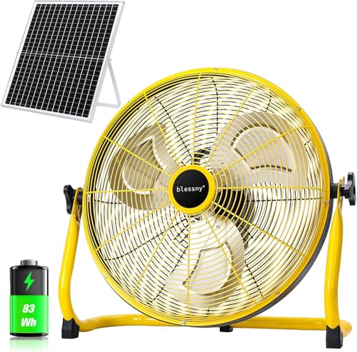 blessny 18" Large Solar Rechargeable Floor Fan for Home Gazebo Greenhouse | 35W Solar Panel with 23 Ft Long Cord for Camping Barn Poultry Pet House Outdoor Cooling or Air Circulation