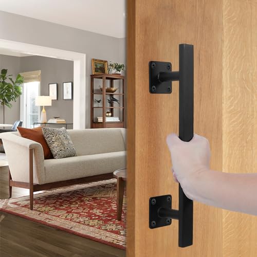 12'' Black Square Heavy Duty Metal Barn Door Handles and Pulls Pack of 2, Outdoor Fence Shed Gate Handle, Rustic Farm Garage Door Handles, Interior Closet Door Pulls