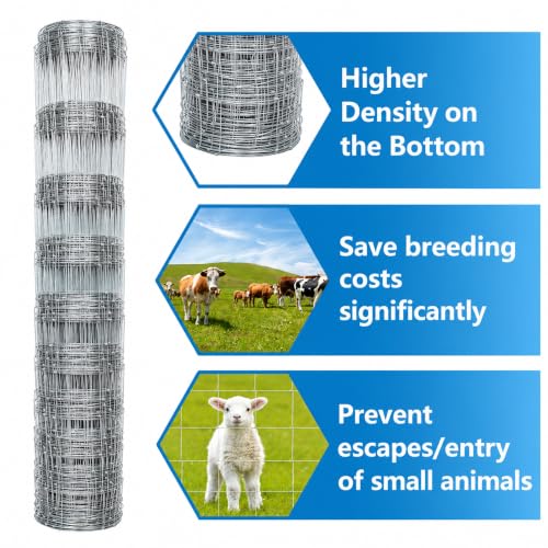 Farm Fence 4ft x 164ft Galvanized Woven Wire Livestock Fence | Heavy Duty Goat Cattle Deer Fence with Hog Wire Mesh for Ranch, Yard, Animal Enclosure, Garden Protection and Farm Boundary - size: 4ft X 164ft