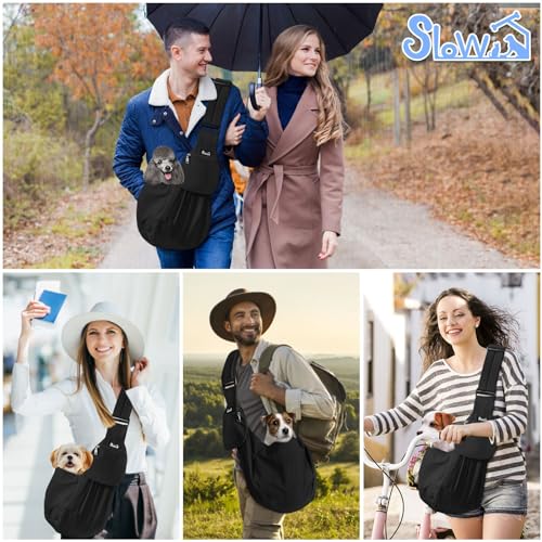 SlowTon Dog Carrier Sling - Thick Padded Shoulder Strap Adjustable, Black S | Dog Carriers for Small Dogs, Puppy Carrier Purse for Pet Cat with Front Zipper Pocket Safety Belt Machine Washable - color: C-Black Water-Resistant