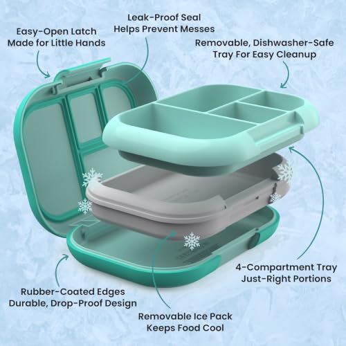 Bentgo Chill Kids 4-Compartment Bento Box Leakproof Lunch Box | Built-In Ice Pack, 3.3 Cup Capacity, BPA-Free, Microwave & Dishwasher Safe Tray, Ideal for Ages 3–7 (Aqua) - color: Aqua