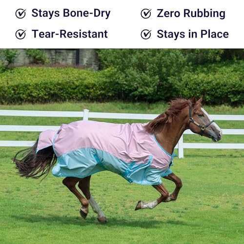 Horse Turnout Rain Sheet | 600 Denier Ripstop Turnout Blanket No Fill (0g) | Waterproof Lightweight Breathable | Tear-Resistant Outer & Rub-Free Silky Inner | Pink/Blue - 78 in - color: Pastel Pink/Blue, size: 78