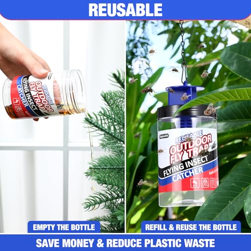 Qualirey 4 Pcs Fly Traps Outdoor Reusable Hanging Fly Jar Trap Gnat Bug Catcher Killer for All Flies Outside Filth Flies Insect Bug Control Patios Yard Ranch Barns (Blue) - color: Blue
