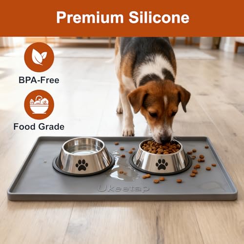 19" x 12" Extra Thick Silicone Mat Waterproof with Raised Edge, Gray | BPA-Free Non-Slip Dog & Cat Food Mat, Feeding Mat for Food and Water Bowls, Spill Proof Mat to Protect Floors - color: Gray, size: 19"L x 12"W