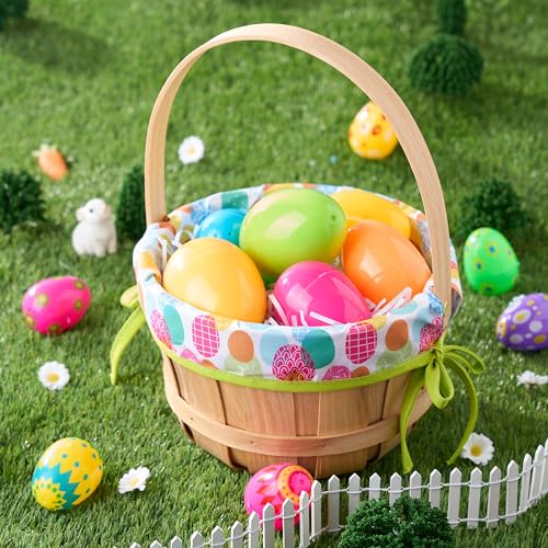 JOYIN Easter Wooden Basket with Liner, Portable Wood Buckets with Folding Handle, Easter Eggs Candies Party Favor Storage Container, Empty Gift Basket for Egg Hunt, Kids Party Treats & Picnic
