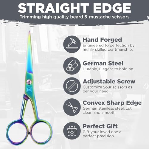 Mustache & Beard Scissors for Men – Stainless Steel Grooming Kit with Comb & Travel Case – Sharp Facial Hair Trimming Tool for Mustache, Beard, Nose & Eyebrows - color: Multi