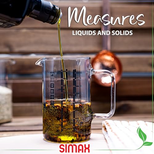 Simax Glass Measuring Cup, 16 Ounce Durable Borosilicate Glass, Easy to Read Metric Measurements, Liter, Milliliter, Ounce, Sugar Grams, Flour Grams, Drip Free Spout, Microwave and Dishwasher Safe - size: 16 Ounce