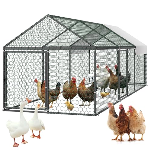 VEVOR Metal Chicken Coop for 6-8 Chickens, 3.3 x 9.8 x 3.3 ft, Small Chicken Cage with Waterproof Cover & 3 Doors, Spire Roof Poultry Run Compatible with Wooden Coops, for Rabbit Hen Goose Duck