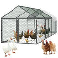 VEVOR Metal Chicken Coop for 6-8 Chickens, 3.3 x 9.8 x 3.3 ft, Small Chicken Cage with Waterproof Cover & 3 Doors, Spire Roof Poultry Run Compatible with Wooden Coops, for Rabbit Hen Goose Duck