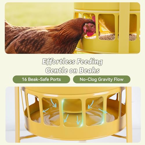KOL Chicken Feeder No Waste for Coop & Outdoors, 16 Port 50lbs Poultry Feeder with Spill-Control Design, Rust-Proof Powder Coated Metal & Smooth Safe Edges (Yellow) - color: Yellow