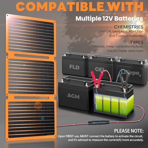 FieryRed 30W 12V Solar Panel Car Battery Charger & Maintainer, Portable Waterproof Trickle Charger with Built-in Controller, Cig Plug, Alligator Clips, USB-C, USB-A Outputs for Car, Boat, RV, Tractor - size: 30W