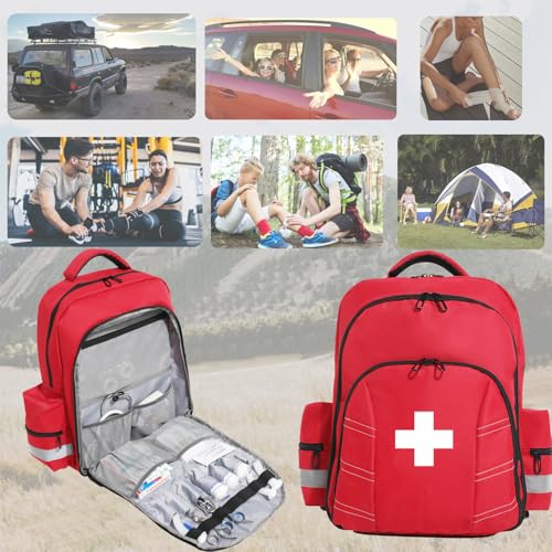 Empty First Aid Backpack Multi-Pocket Emergency Medical Organizer for First Responders Trauma Camping Hiking Travel Portable Red Trauma Bag (Bag Only)