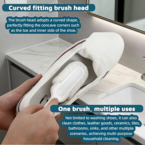 Professional Shoe Cleaning Brush Long Handle - Dual-Action Soft Bristle Shoe Scrubber for Sneakers, Leather, White Shoes | U-Shaped Head & Pointed Tip | Hanging Hole Design (White)