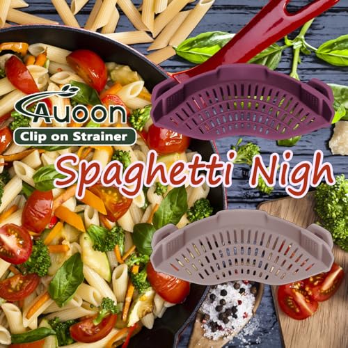 AUOON Pasta Strainer Clip on Silicone, Standard 8.86 x 3.55 in, Almond Rose | BPA-free, Fits All Pots Pans Bowls, Dishwasher Safe, for Meat Noodles Vegetable Fruits, Space-saving Kitchen Gadget - color: Almond Rose, size: Standard 8.86 x 3.55 in