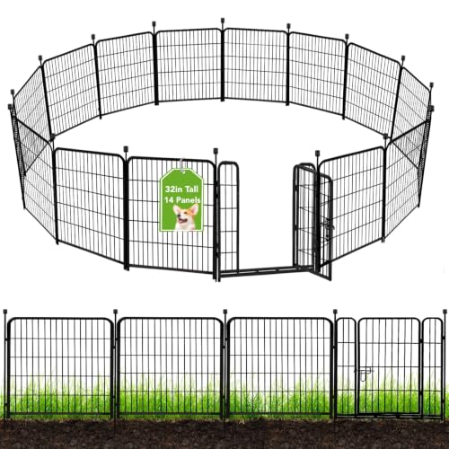 ADAVIN Garden Fence with Gate 32in(H) x 31 ft(L),14 Panels Black Heavy Duty Iron Metal Animal Barrier Fence, Indoor&Outdoor Dog Playpen, Camping Fence, No Dig Garden Border Fencing for Yard - size: 14panels-32in(H)×31ft(L)