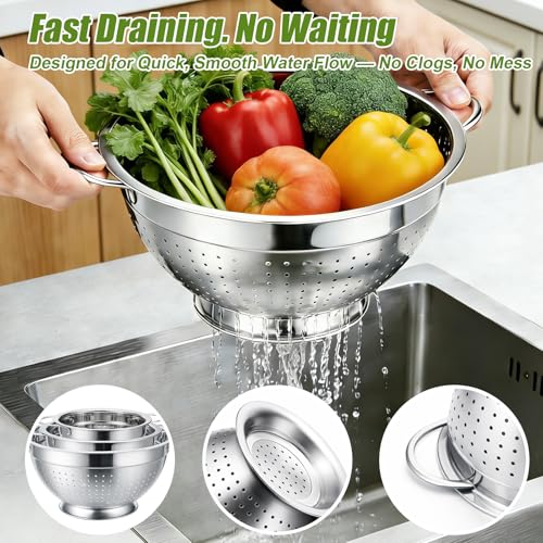 Palksky Stainless Steel Colander Set of 3, Nesting Metal Strainers with Handles and Raised Base, 7/8.7/11 Inch Kitchen Colanders for Pasta, Vegetables, Fruit, Rice, Salad and Meal Prep - color: 3 Sizes Colander Set with Handles