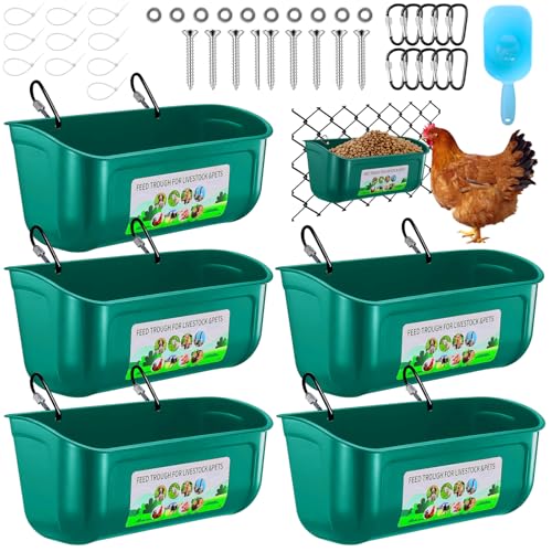 5 Pack Chicken Feeder, Duck Feeder Supplies, Hanging Fence Feed Trough with Clips for Goat, Sheeple, Piglet, Gooses, Turkeys, Dog Livestock Poultry, 8 Quarts in Total, Feed Scoop Included, Green - color: Green 5pcs