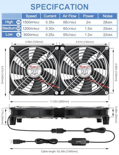 Wathai 140mm x2 USB Computer Cooling Fan 2 in 1 with Speed Control | for PC Computer Cabinet PS5 Xbox AV Receiver Cooler - size: 140x25mm (5V)