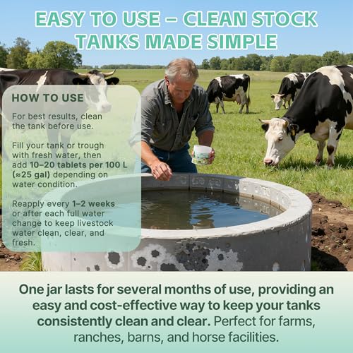 Stock Tank Defense Tablets – Stock Tank Care for Livestock Water Troughs – Helps Reduce Visible Buildup & Sludge – Easy Routine Care for Horses, Cattle, Goats & Chickens, 300 Count