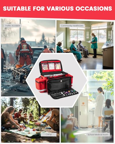 Large Medical Bag Empty, Paramedic Bag EMT Trauma for First Responders | Large Medical Duffle Bag 25.8" Water Resistant, 21 total compartments, 360 Reflective, 4 Dividers, 3 Removable Clear Pouches