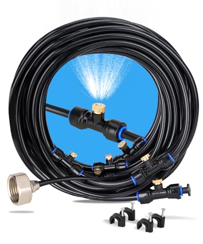UNCO- Misting System, 26 FT, 7 Brass Mist Nozzles, 3/4" Brass Adapter, Misters for Outside Patio, Misting System for Patio, Garden, Greenhouse, Trampoline, Porch