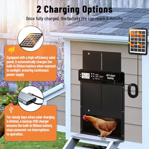 Automatic Chicken Coop Door Solar Powered Extra Large 10″ x 14.3 ″LCD Display Automatic Chicken Door with 4 Modes Timer & Light Sensor, Aluminum Alloy Chicken Door