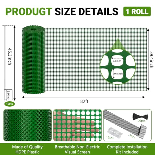 DoCred 3.28' x 82' Plastic Garden Fence Roll with Thicke Stakes, Green | Reusable HDPE Temporary Fence with 15Pcs 3.77FT Posts, Portable Chicken Dog Fence Barrier, Construction Snow Protection - color: Green, size: 39.4in x 82ft-Square Grid