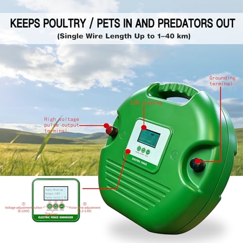 12KV High Joule Livestock Energizer, AC DC Solar Pasture | Electric Fence Charger 40km 25-100 acre, cattle horse; heavy-duty rugged, apiary bear protection, LCD alert, plug-and-play