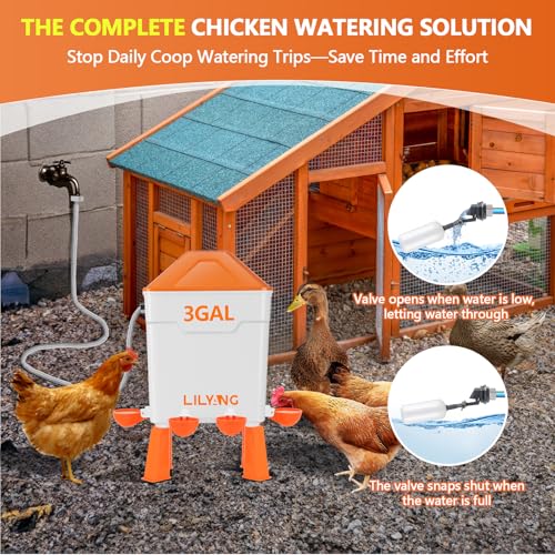 Lilyang Automatic Chicken Waterer 3 Gallon, Auto Water Refill | Auto Watering System with Float Valve, Connects Directly to 3/4" Faucet & Hose (No Fittings Required), No-Tools Assembly