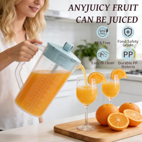 64oz Mixing Pitcher with Built-in Stirrer & Plunger, Leak-Proof Translucent Plastic Jug with Measurement Marks for Smoothies, Protein Shakes, Home & Party (1)