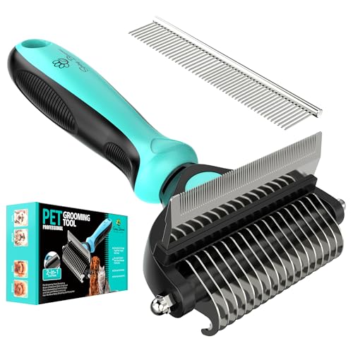Spring Blossoms-2 in 1 Professional Grooming Rake for Cats & Dogs-Dematting Comb for Easy Mats & Tangles Removing,Pet Brush Safe No More Nasty Shedding and Flying Hair (Cyan) - color: Cyan