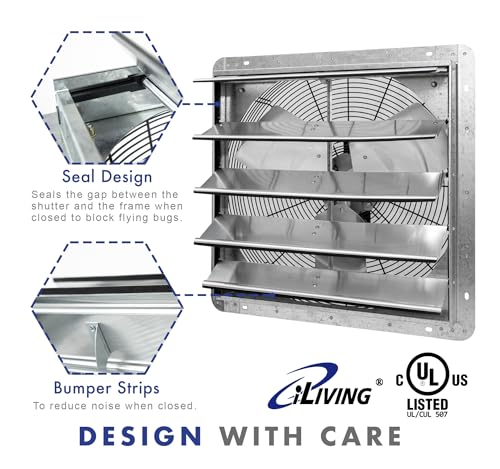 iLIVING 20" Shutter Exhaust Fan with Wireless Smart Remote Controlled Thermostat and Humidity, Variable Speed Wall Mounted Attic Vent Fan, Chicken Coop Ventilation, 3368 CFM, 5000 SQF Coverage Area - size: 20 inches