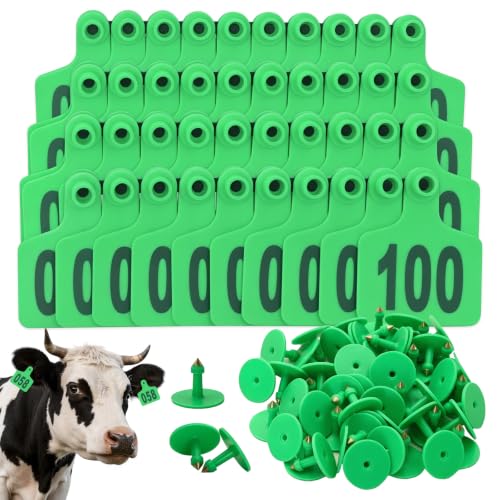 Cattle Ear Tags 101-200 Numbered Large Plastic Livestock Ear Tag,Green | L3'' x W 2.5'' For Sheep Calf Goat Pig,Animal Id Tags For Ranch & Farm Herd Tracking, Laser Print Clear Numbers,Copper Head - color: Green, size: 101-200