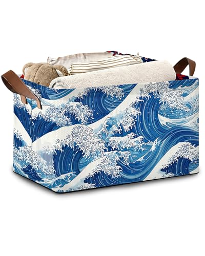 Ocean Wave Storage Baskets,Japanese Foldable Organizer Bin with Handles for Home Living Room Bedroom Closet Box 17x11.5x10Inch - color: Ocean Wave Japanese
