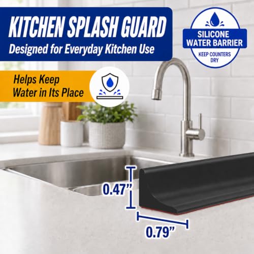 Kitchen Sink Splash Guard and Bathtub Water Barrier, 39 in, Black | Flexible self-adhesive water dam, splash guard for bathtub, cooktop and shower threshold, trims to fit smooth surfaces - color: Black, style: 39Inch