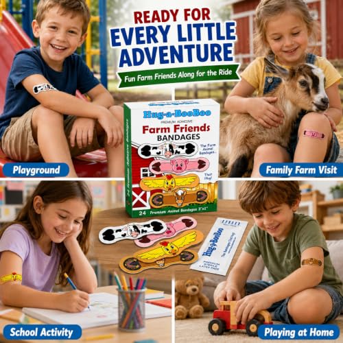 Farm Friends Hugging Farm Animal Adhesive Bandages from Hug-a-BooBoo, The Amazing Bandages that Hug! Super Fun Hugging Cow, Horse, Pig and Chicken! 24 Ct Box - size: 24ct, style: Farm Friends