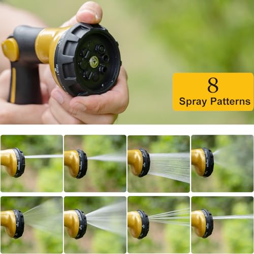 FANHAO Heavy Duty Garden Hose Nozzle, Metal Hose Sprayer Easy Thumb Control | 8 Spray Patterns, Rustproof Water Nozzle, Non-Slip Ergonomic Grip, Elder & Child Friendly for Garden, Car & Pet, Yellow - color: Yellow