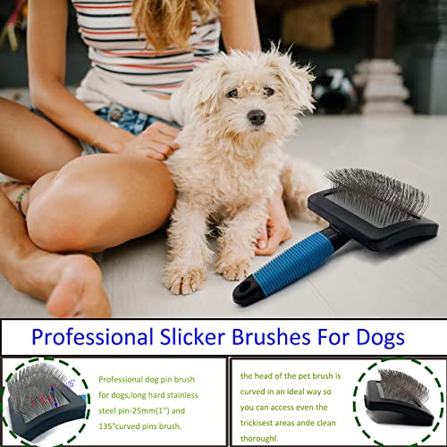 Dog Brush For Long Haired Dogs Poodles-Dog brushes for grooming&shedding-Large Firm Slicker Brush for Goldendoodles-With Soft Massage Grooming Stainless Steel Pins, Pet Grooming Wire Brush-25mm(1") - size: Bule