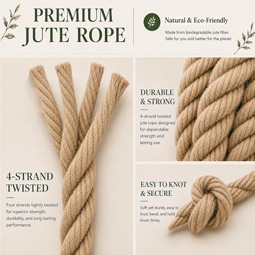 Natural Jute Hemp Rope (2 Inch x 50 Feet) Heavy Duty Manila Rope for Docks, Railings, Landscaping, Tug of War, Decorating - size: 2 Inch x 50 Feet