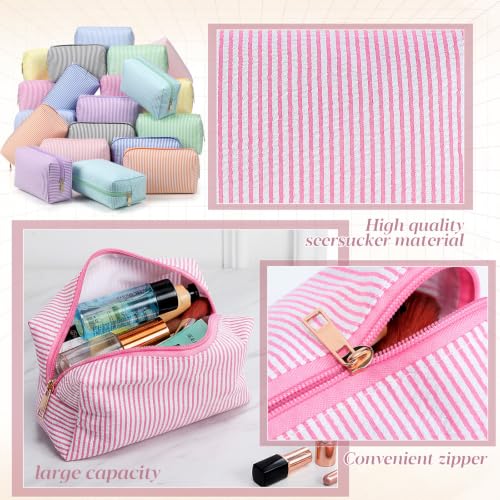 Sanwuta 20 Pcs Seersucker Cosmetic Bags Bulk, Striped Zippered,Bright | Makeup Bags Women Pouch, Large Preppy Storage Toiletry Travel Pouch for Wedding Bridesmaid Bride Favor Back to Teacher Gift - color: Bright