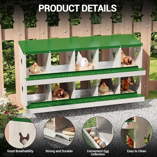 Chicken Nesting Box, 10-Hole Nesting Boxes, Removable Tray, Ventilation Holes, Easy Egg Collection & Cleaning, Laying Boxes for Hens, Green - color: Green, size: 53.5"L x 16.9"W x 26.6"H
