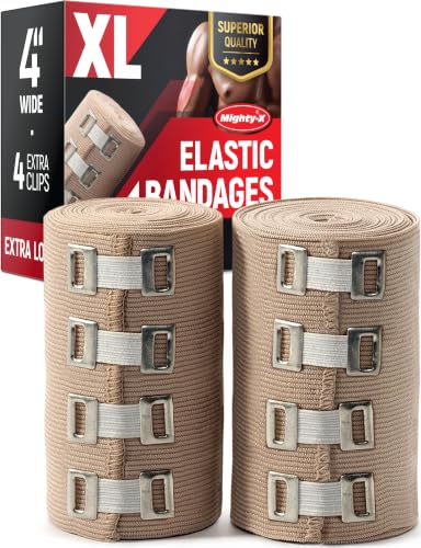 Premium Elastic Bandage Wrap - Extra Long - 2pk - 4" x 9ft + 4 Extra Clips | Strong Compression Bandage Wrap for Leg, Arm, Wrists, Elbow, Ankles, Feet and Knees - for First Aid Kit and After Surgery - size: 2 Pack (X-Long)