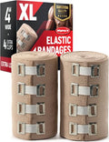 Premium Elastic Bandage Wrap - Extra Long - 2pk - 4" x 9ft + 4 Extra Clips | Strong Compression Bandage Wrap for Leg, Arm, Wrists, Elbow, Ankles, Feet and Knees - for First Aid Kit and After Surgery - size: 2 Pack (X-Long)