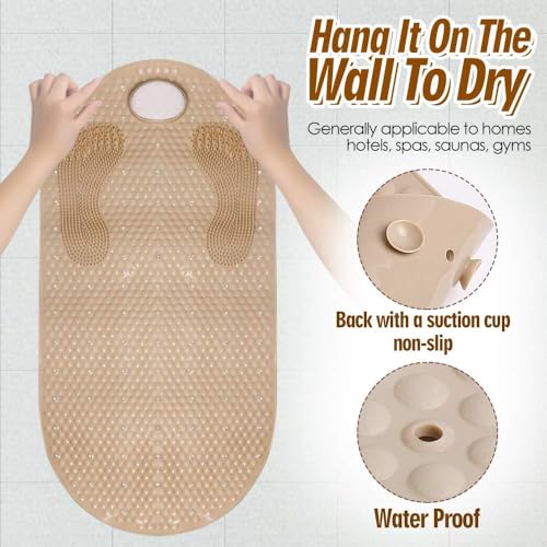 Shower Mats Bath Mat Non Slip Bath Mats for Tub Grinding Floor Massage Mat Foot Scrubber with Removable Pumice Stone 15.7 x 31.4 inch Soft Bathtub Mat with Suction Cups & Drain Holes (Beige) - color: Beige