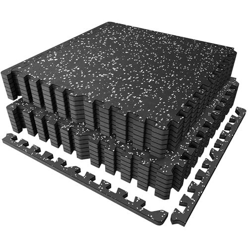 PRAISUN 0.56" Rubber Top Gym Flooring, Heavy Duty Gym Mats for Home Gym | Non-Slip Interlocking Workout Mat, 24 x 24in Large Gym Floor Mat, Protect Floors from Equipment, 48 Sq Ft, Black/Grey - size: 12 Tiles (48 Sq Ft)