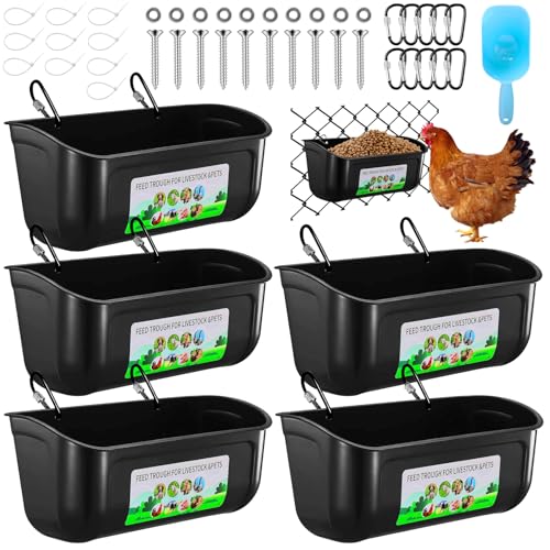 5 Pack Chicken Feeder, Duck Feeder Supplies, Hanging Fence Feed Trough with Clips for Goat, Sheeple, Piglet, Gooses, Turkeys, Dog Livestock Poultry, 8 Quarts in Total, Feed Scoop Included, Black - color: Black 5pcs