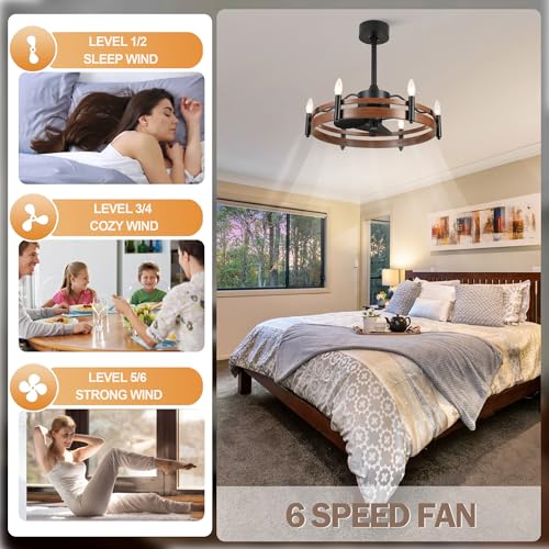 24" Wagon Wheel Chandelier Ceiling Fan with Lights and Remote | 6-Light Rustic Chandelier with Fan, Farmhouse Fandelier for Dining Room Bedroom Living Room, E12 Bulbs Not Included - color: 24" Wagon Wheel